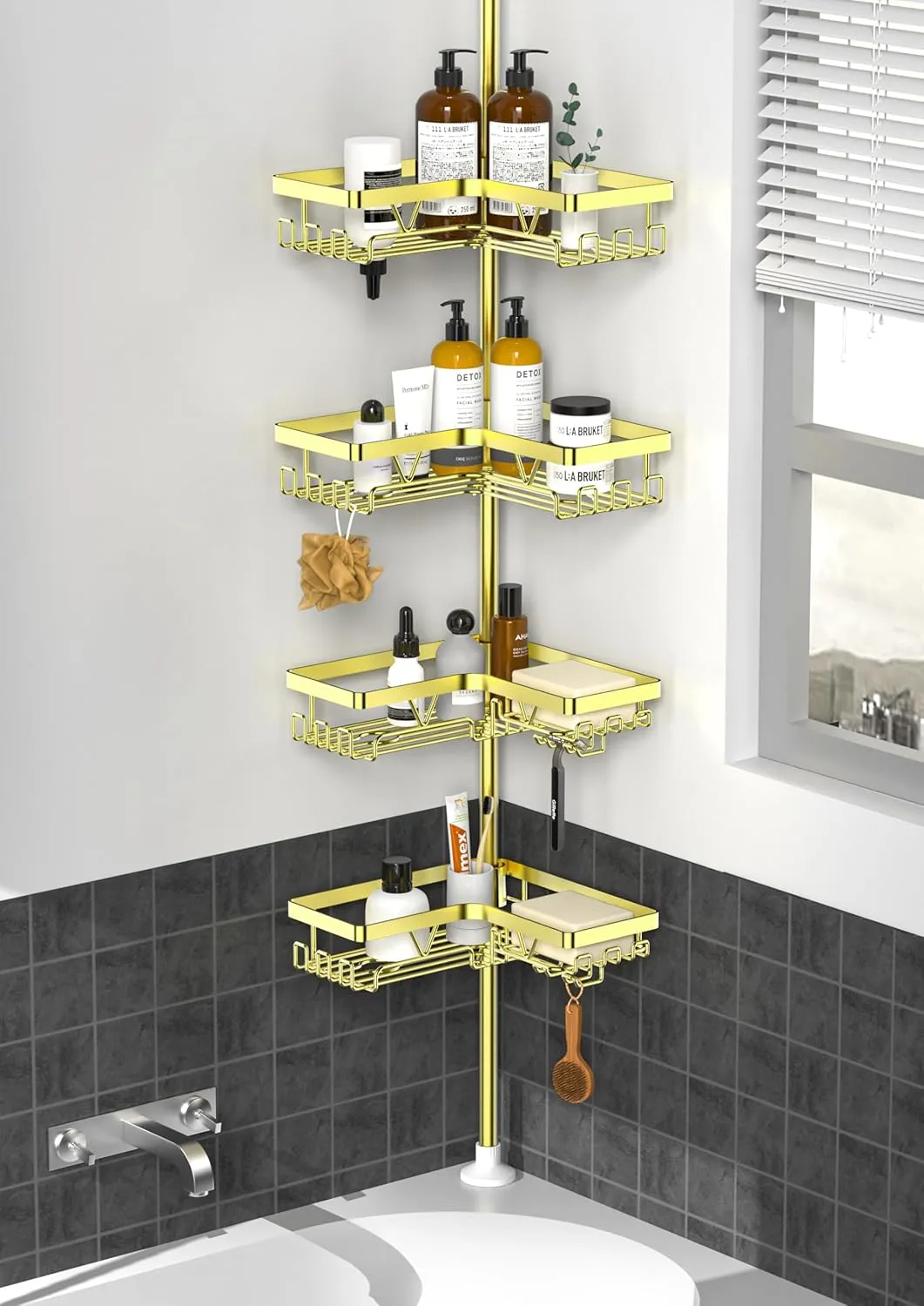 KEGII Corner Shower Caddy Tension Pole, 4-Tier Shower Tension Rod Organizer No Drilling, Floor to Ceiling Bathroom Caddy 25-114.2 inch, Adjustable Bath Tub Shampoo Holder for Corner, Gold