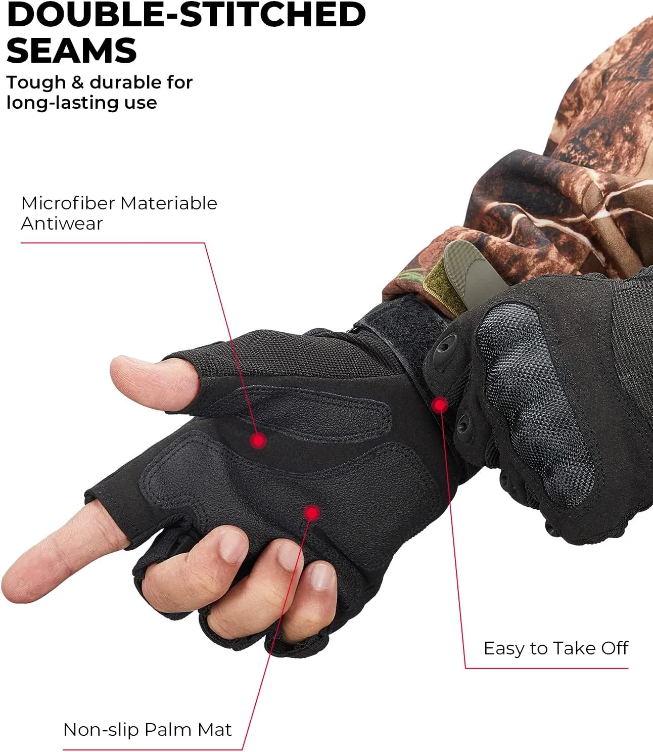 KEMIMOTO Fingerless Tactical Gloves for Men, Motorcycle Gloves for Outdoor Work Sports, Fingerless Cycling Gloves for Hunting Hiking Camping