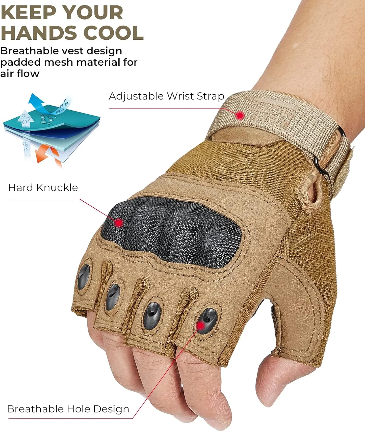 KEMIMOTO Fingerless Tactical Gloves for Men, Motorcycle Gloves for Outdoor Work Sports, Fingerless Cycling Gloves for Hunting Hiking Camping