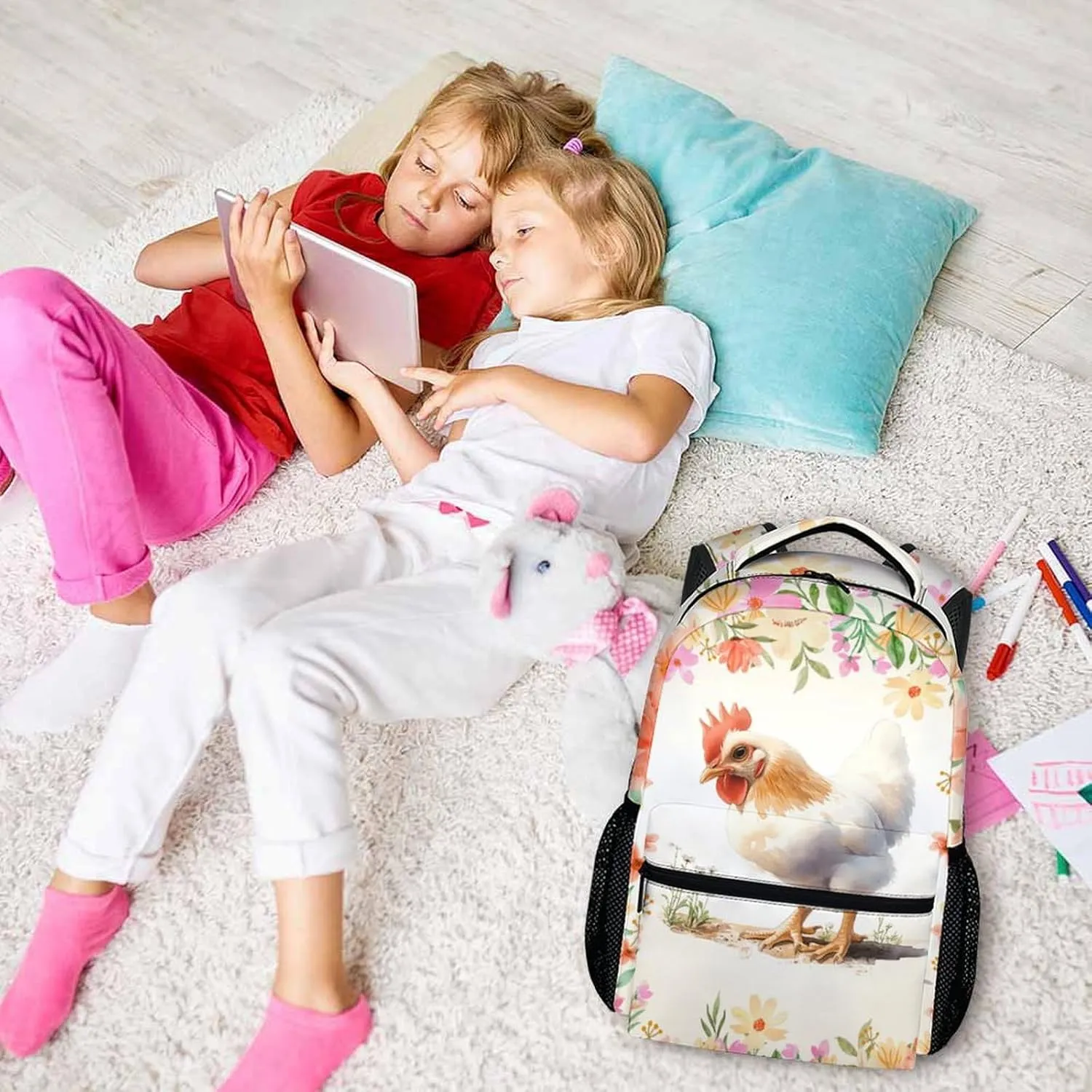 Kids Backpack, Cute Hen Bookbag, 17 Inch Farm Animal Schoolbag, Large Capacity Book Bag for Picnic Hiking Camp School Travel