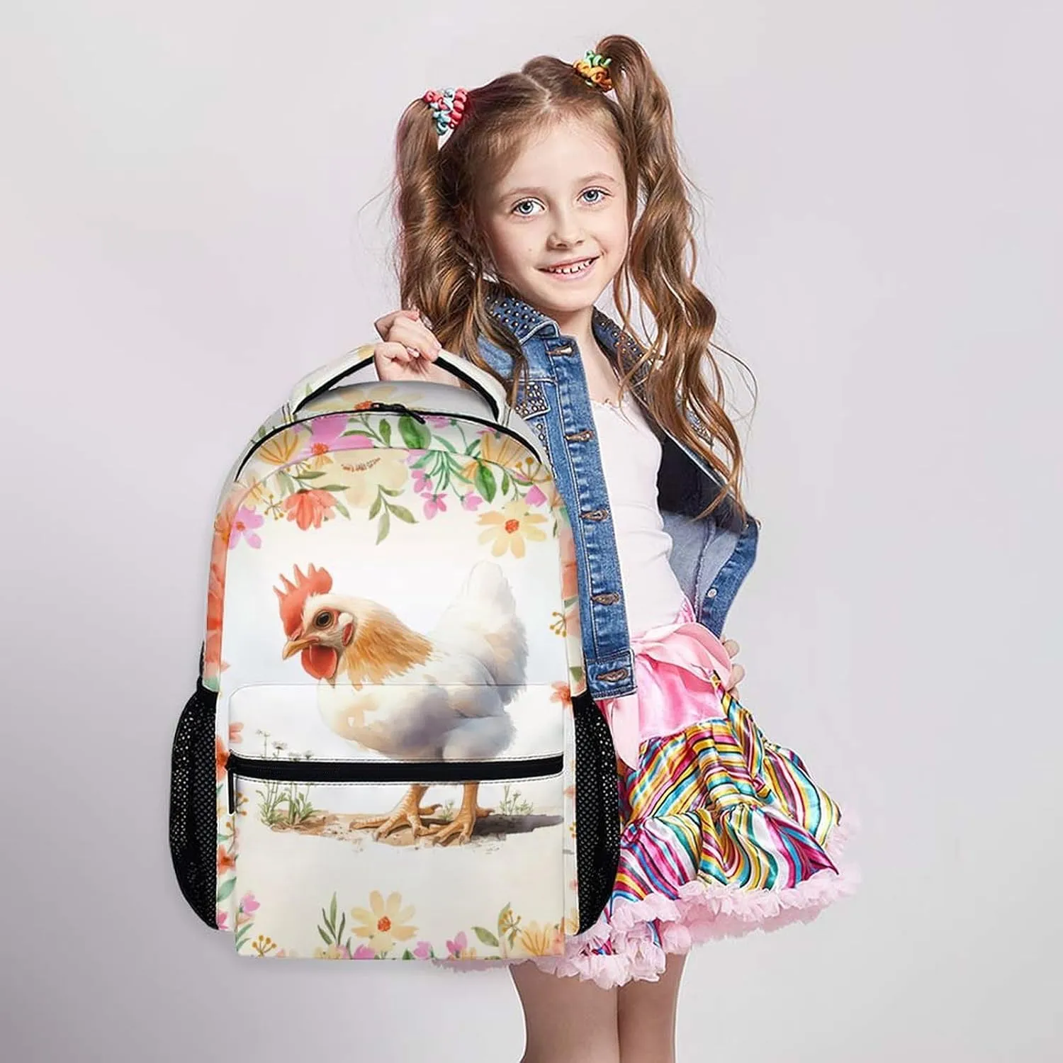 Kids Backpack, Cute Hen Bookbag, 17 Inch Farm Animal Schoolbag, Large Capacity Book Bag for Picnic Hiking Camp School Travel