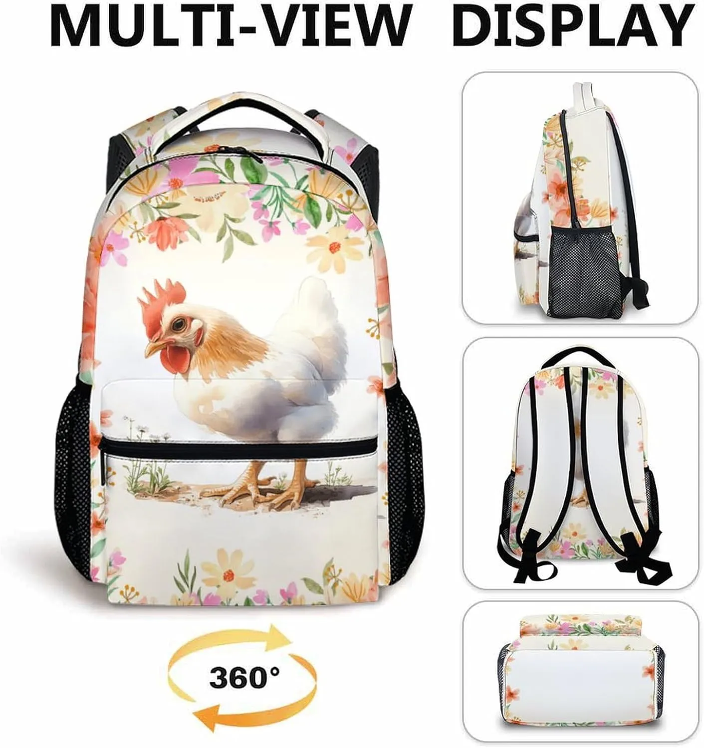 Kids Backpack, Cute Hen Bookbag, 17 Inch Farm Animal Schoolbag, Large Capacity Book Bag for Picnic Hiking Camp School Travel