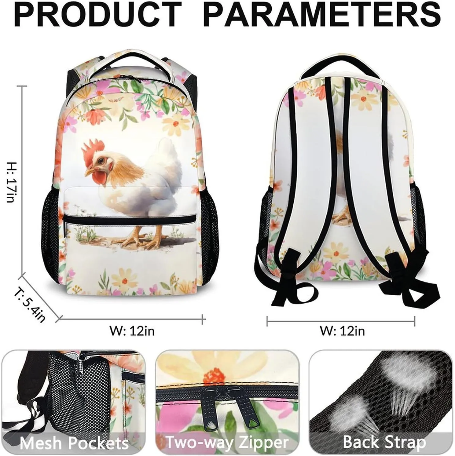 Kids Backpack, Cute Hen Bookbag, 17 Inch Farm Animal Schoolbag, Large Capacity Book Bag for Picnic Hiking Camp School Travel