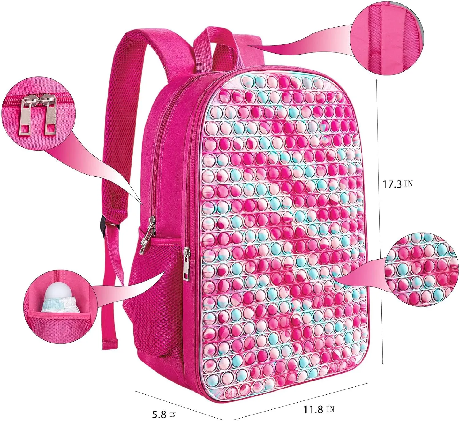 Kids Backpack Pop it Fidget Toys Backpack Book Bag for 4-12 Years Old Boys and Girls Back to School, Double Compartment, Adjustable Straps, Kids Holiday Gift Pink Large 17"