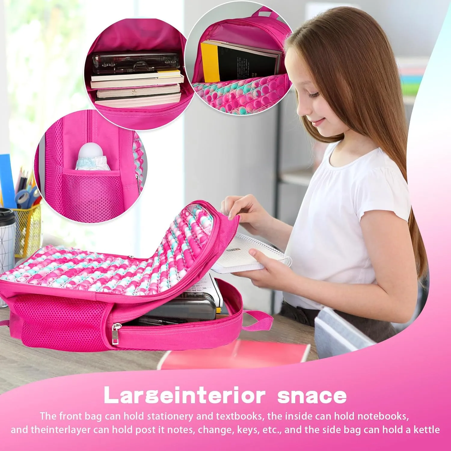 Kids Backpack Pop it Fidget Toys Backpack Book Bag for 4-12 Years Old Boys and Girls Back to School, Double Compartment, Adjustable Straps, Kids Holiday Gift Pink Large 17"