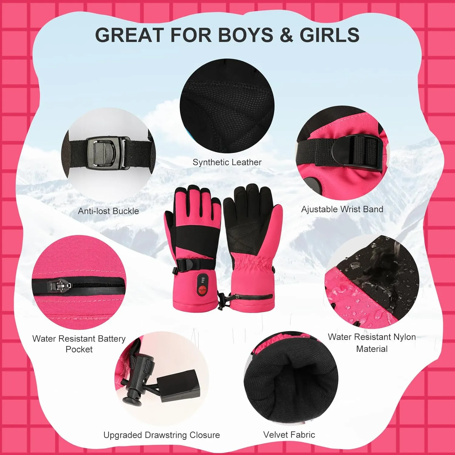 Kids Heated Ski Gloves, 3-Heat Settings, Rechargeable, Water Resistant, Windproof, Ideal for Skiing, Snowball Fights, Cycling