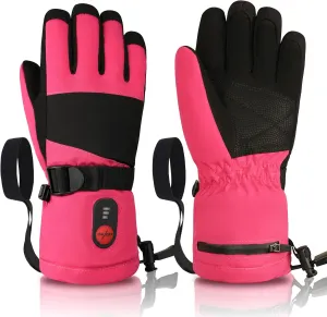Kids Heated Ski Gloves, 3-Heat Settings, Rechargeable, Water Resistant, Windproof, Ideal for Skiing, Snowball Fights, Cycling