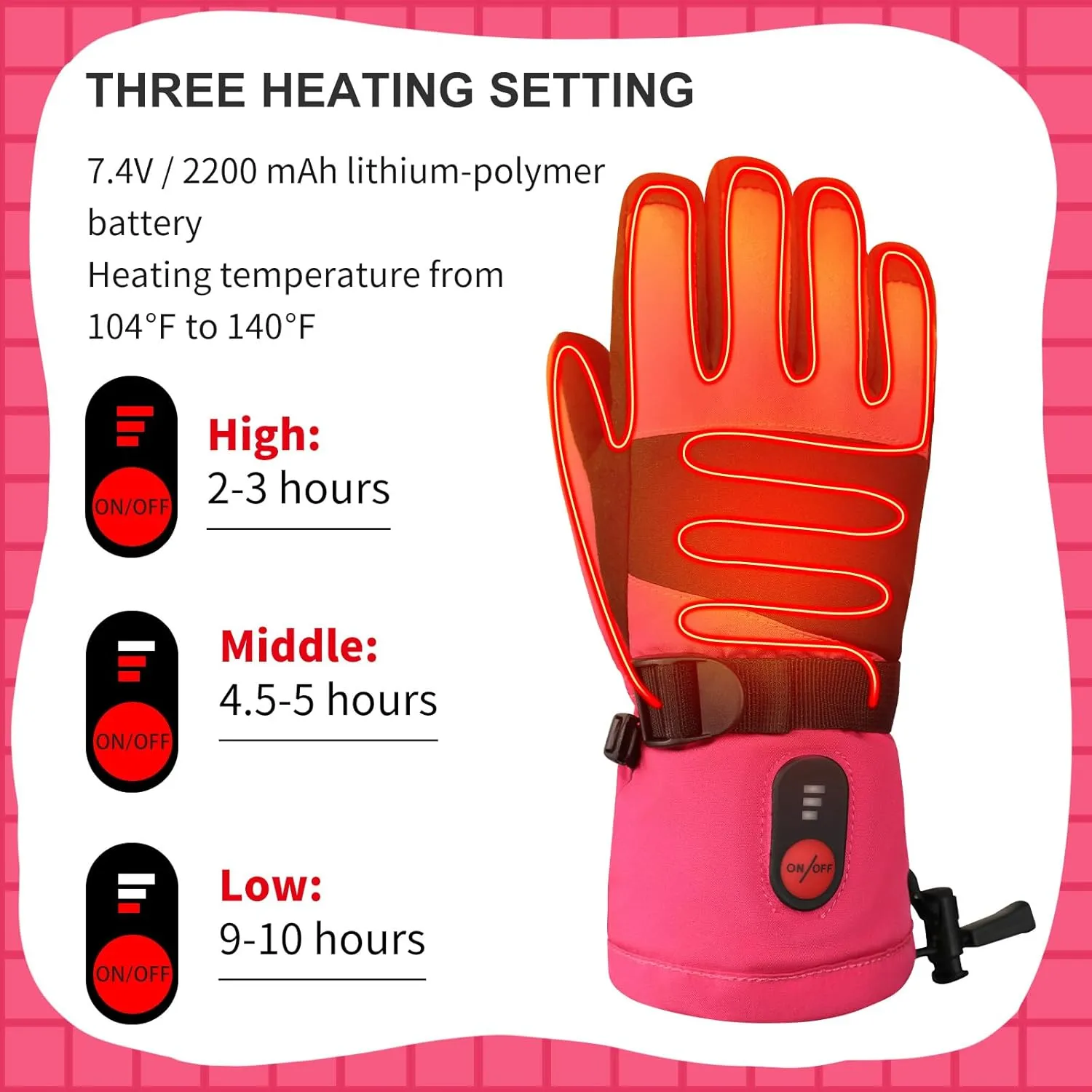 Kids Heated Ski Gloves, 3-Heat Settings, Rechargeable, Water Resistant, Windproof, Ideal for Skiing, Snowball Fights, Cycling