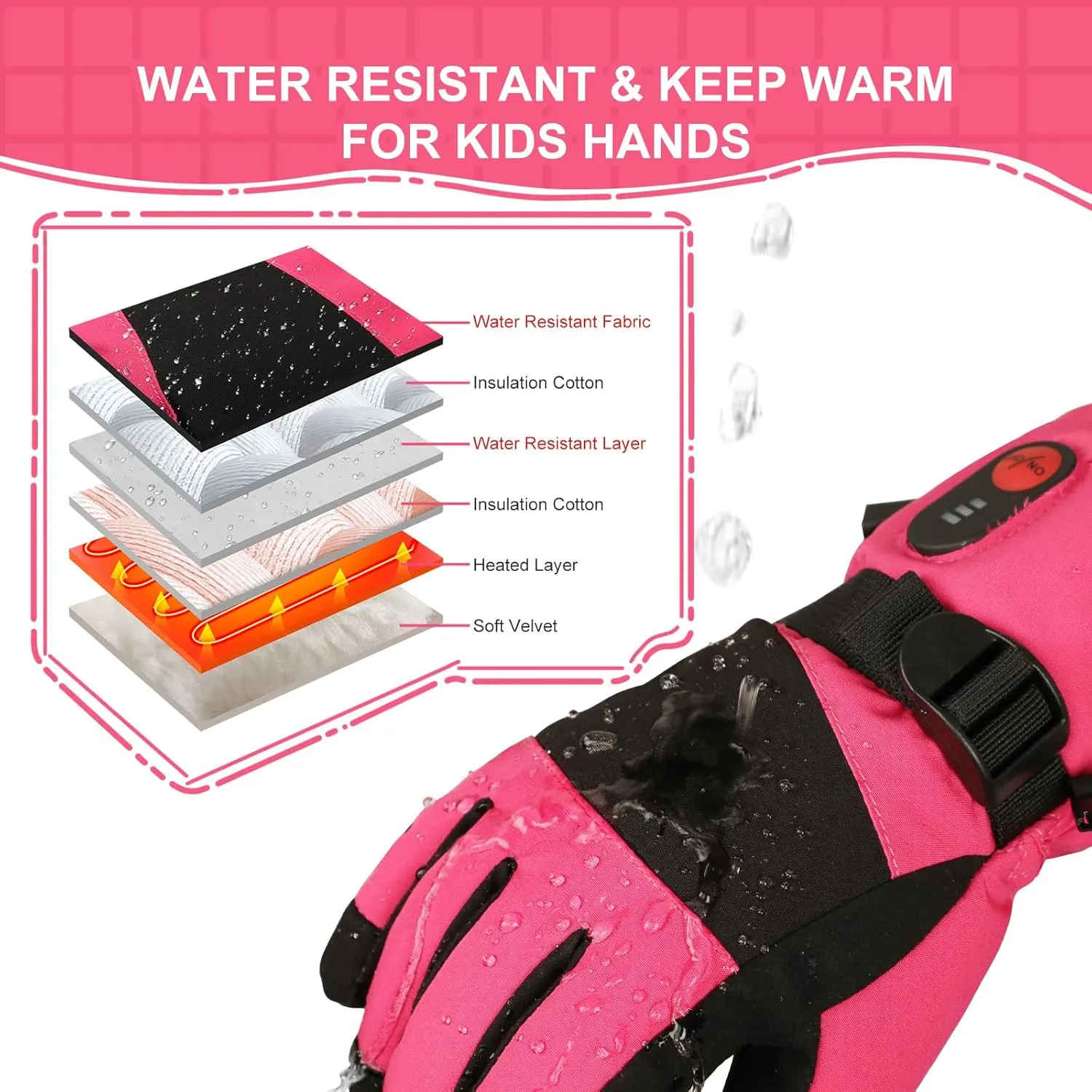 Kids Heated Ski Gloves, 3-Heat Settings, Rechargeable, Water Resistant, Windproof, Ideal for Skiing, Snowball Fights, Cycling