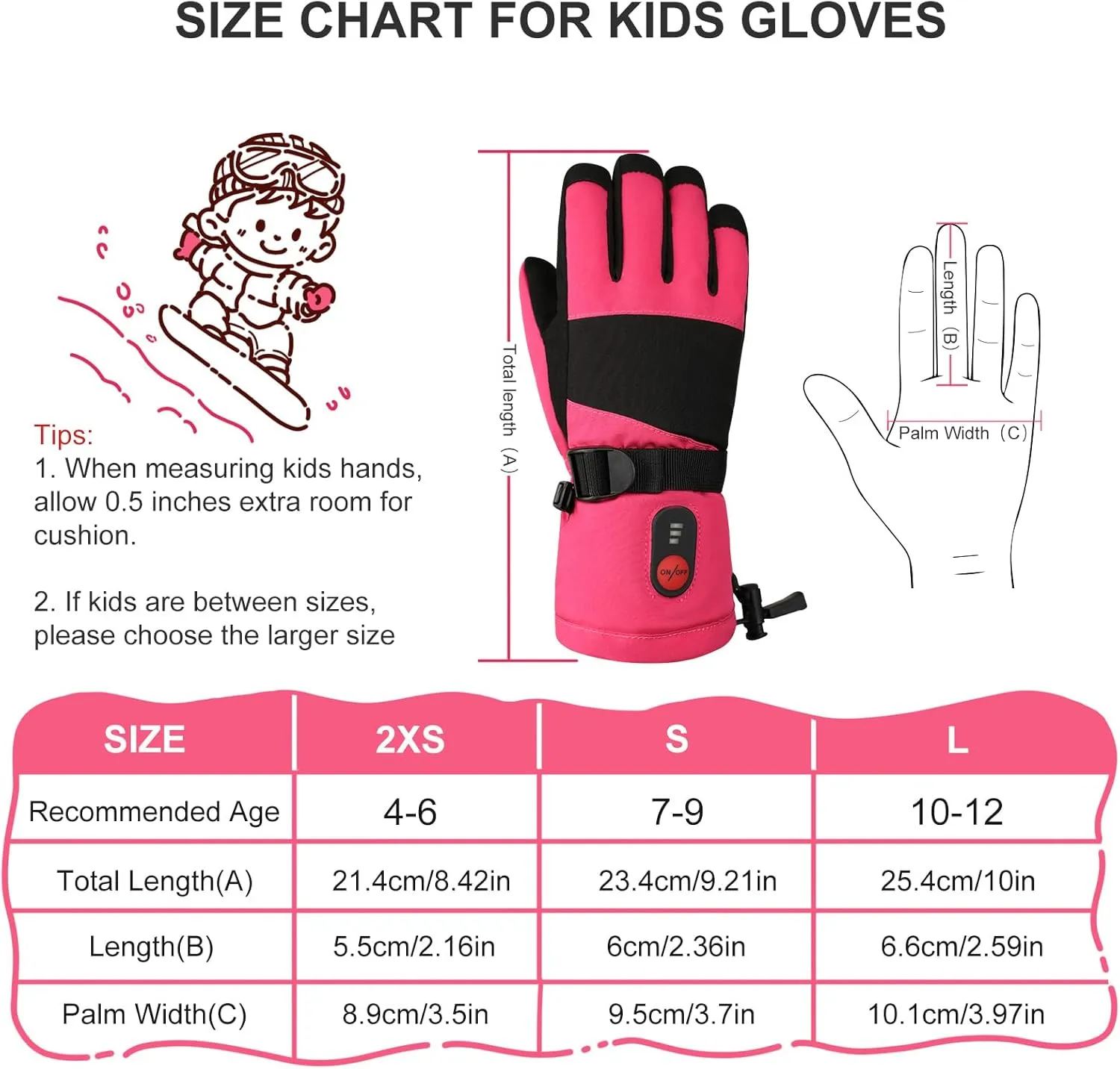 Kids Heated Ski Gloves, 3-Heat Settings, Rechargeable, Water Resistant, Windproof, Ideal for Skiing, Snowball Fights, Cycling