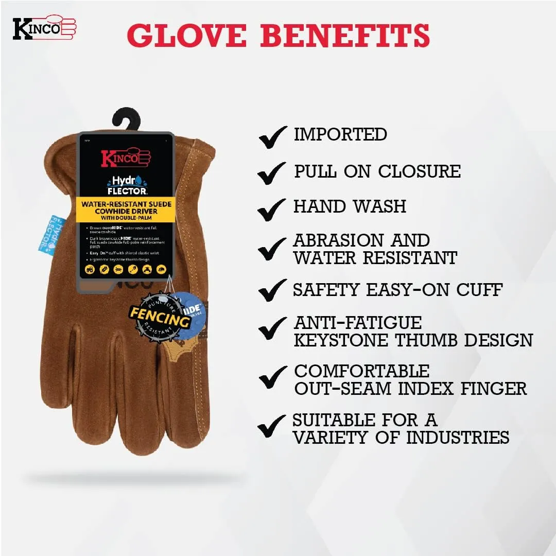 Kinco HydroFlector Water-Resistant Suede Cowhide Leather Fencing and Work Glove, Style 397P