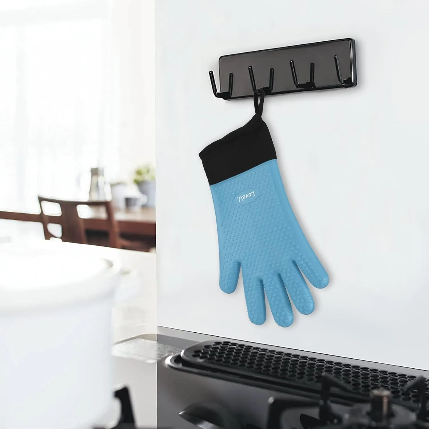 Kitchen Oven Gloves - Dual-Layer Heat Resistant Grilling Gloves, Silicone Oven Mitts with 5 Fingers, Waterproof Non-Slip Pot Holder for Barbecue, Cooking, Baking (Small, Blue Long)