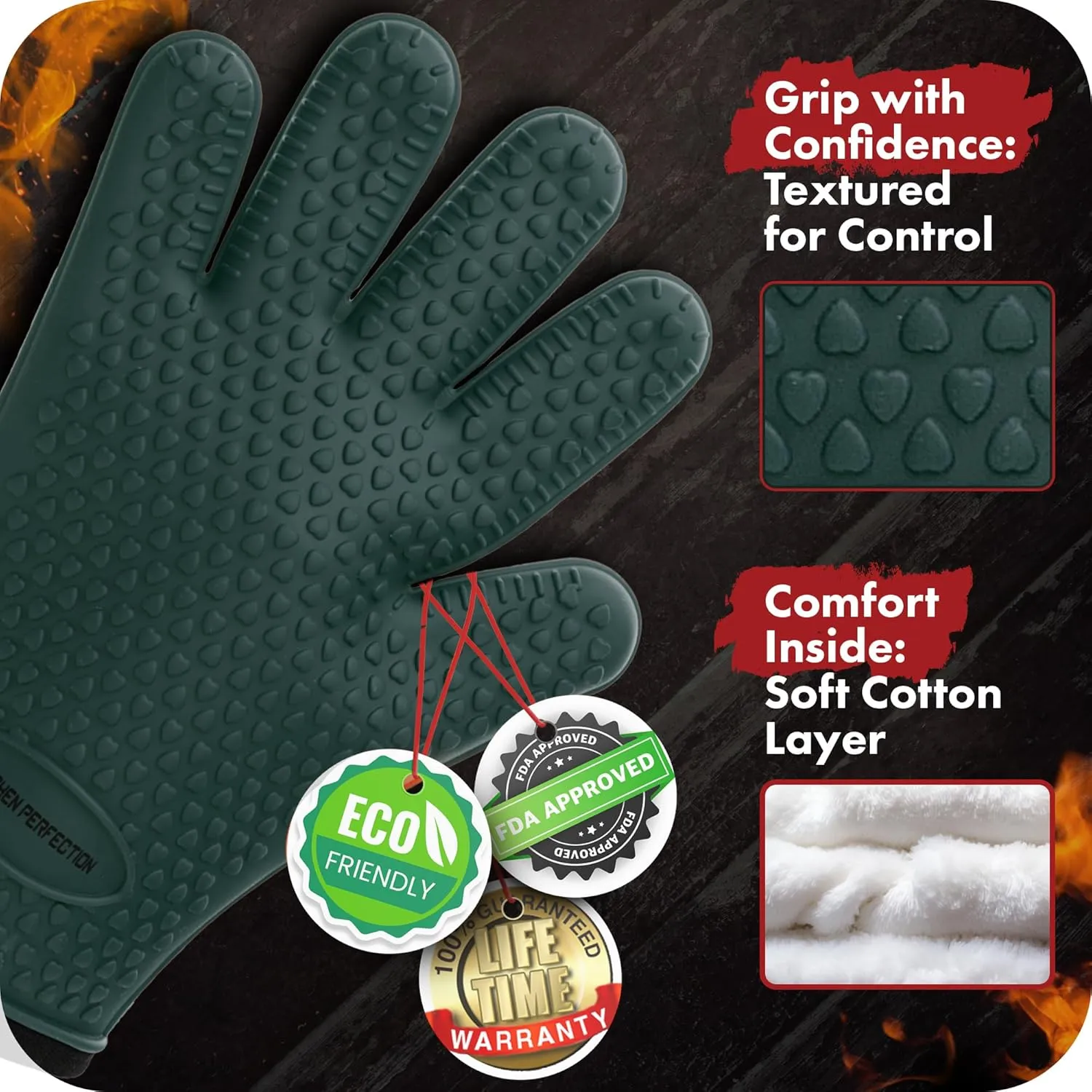 KITCHEN PERFECTION Silicone Smoker Oven Gloves -Extreme Heat Resistant BBQ Gloves -Handle Hot Food Right on Your Grill Fryer Pit|Waterproof Oven Mitts |Superior Value Set 3 Bonuses