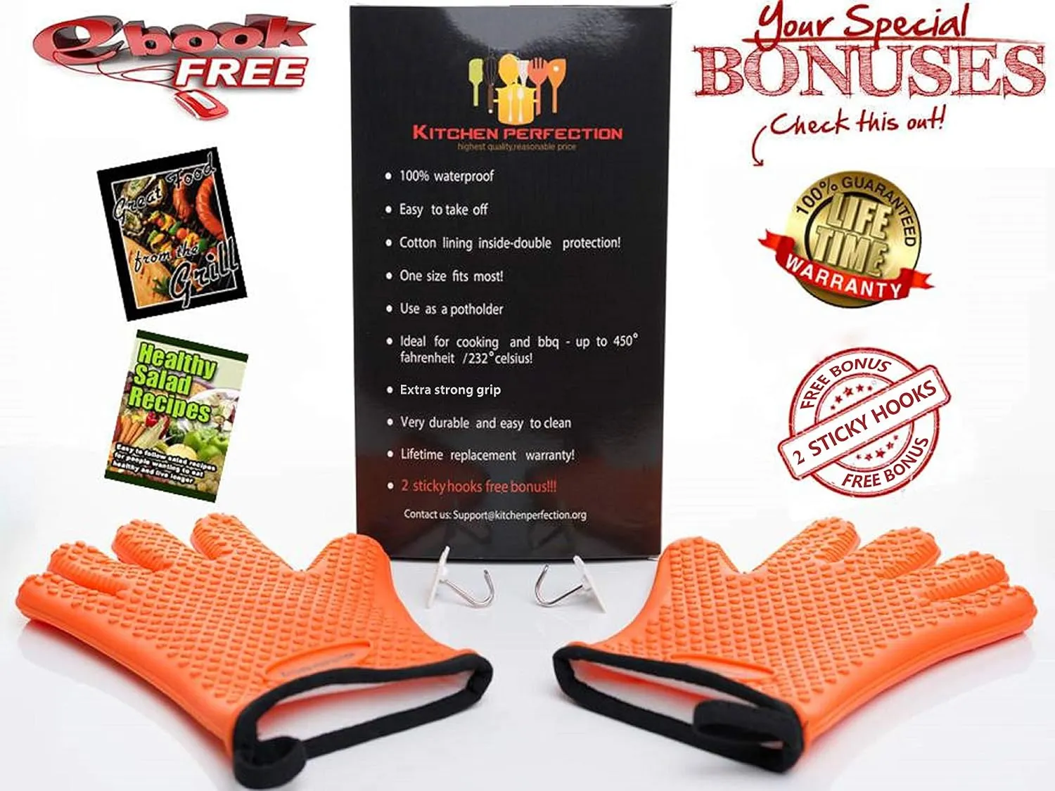 KITCHEN PERFECTION Silicone Smoker Oven Gloves -Extreme Heat Resistant BBQ Gloves -Handle Hot Food Right on Your Grill Fryer Pit|Waterproof Oven Mitts |Superior Value Set 3 Bonuses