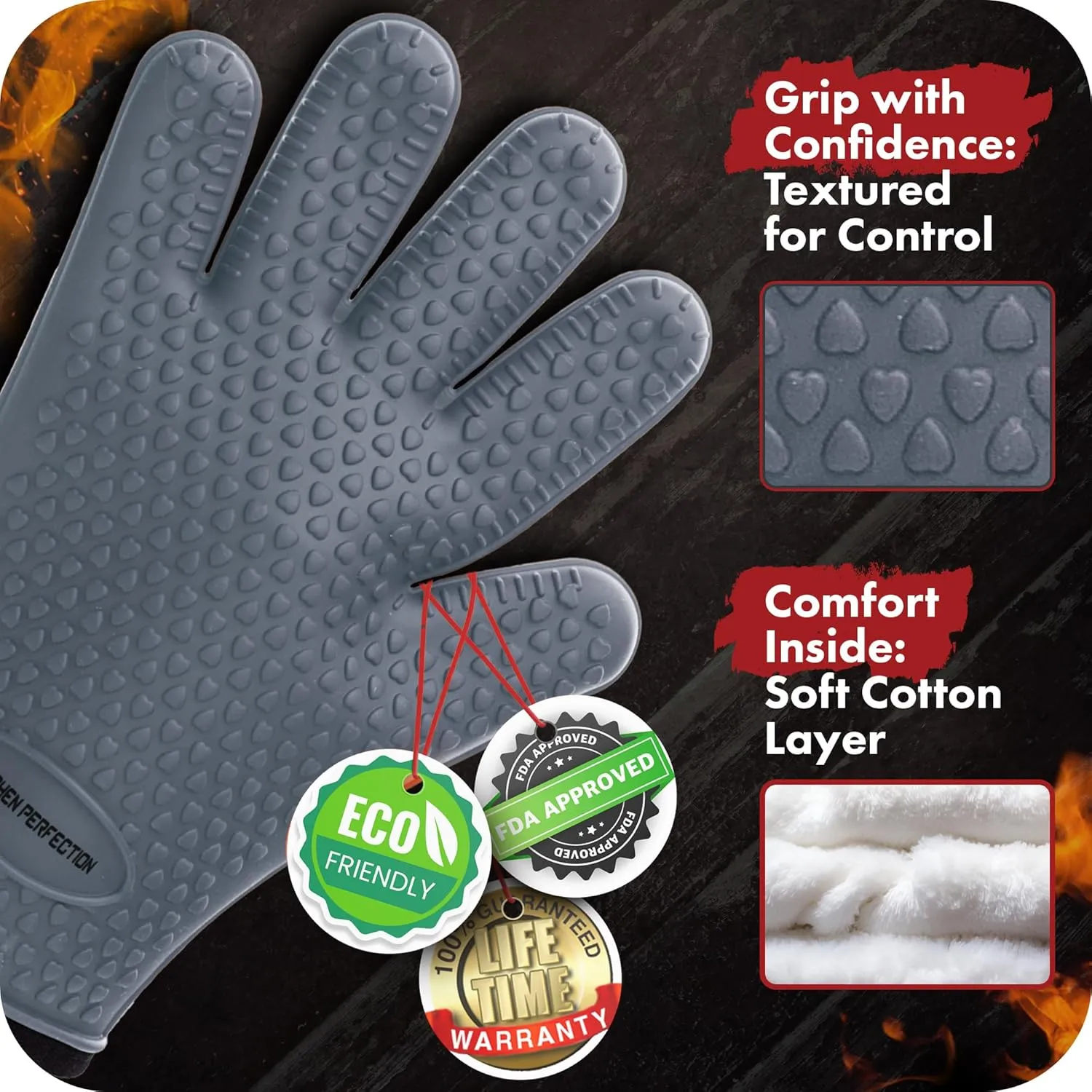 Kitchen perfection XL Silicone Smoker Oven Gloves for Women -Extreme Heat Resistant BBQ Gloves -Handle Hot Food Right on Your Grill Fryer&Pit|Waterproof Grilling Cooking Mitts|Superior Set 3 Bonuses