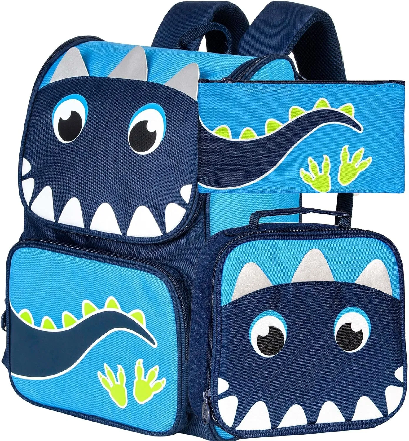 KLFVB 3PCS Backpack for Girls and Boys, 15" Unicorn Dinosaur Bookbag with Lunch Box, Kids Preschool School bag