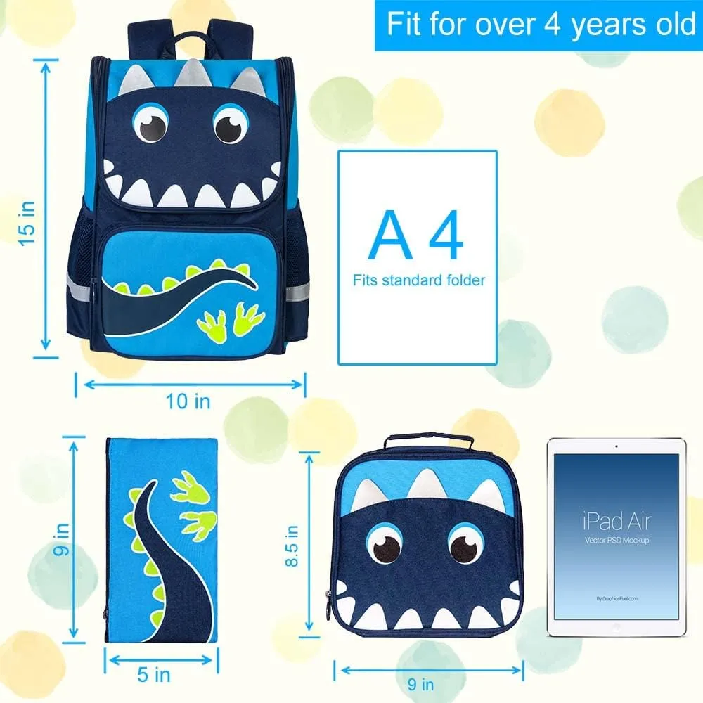 KLFVB 3PCS Backpack for Girls and Boys, 15" Unicorn Dinosaur Bookbag with Lunch Box, Kids Preschool School bag