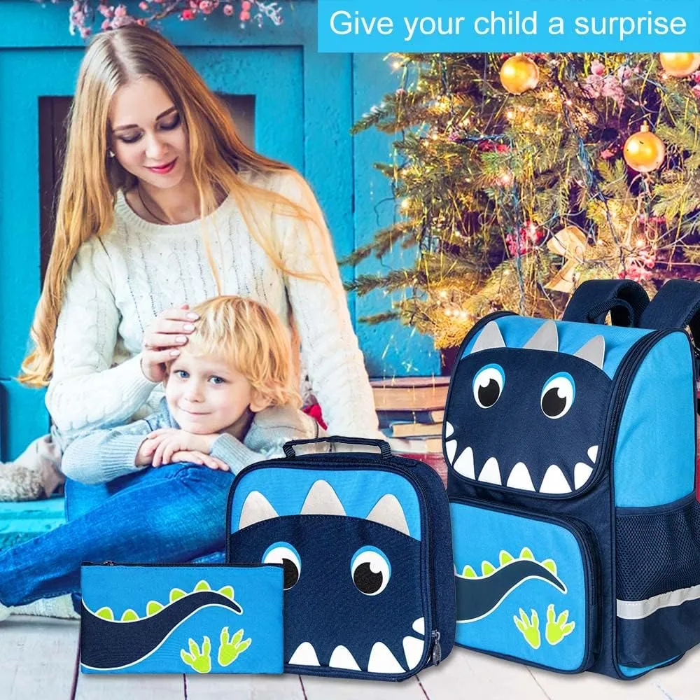 KLFVB 3PCS Backpack for Girls and Boys, 15" Unicorn Dinosaur Bookbag with Lunch Box, Kids Preschool School bag