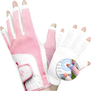 Ladies Golf Gloves with Open Finger for Women - PU Fiber Material, Breathable Design, Elastic Mesh, Touchscreen & Slip-Resistant Palm, Magic Adjustable Strap, Perfect for Golfing （TYS-026）
