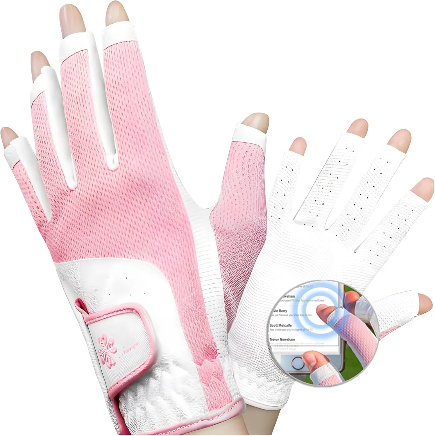 Ladies Golf Gloves with Open Finger for Women - PU Fiber Material, Breathable Design, Elastic Mesh, Touchscreen & Slip-Resistant Palm, Magic Adjustable Strap, Perfect for Golfing （TYS-026）