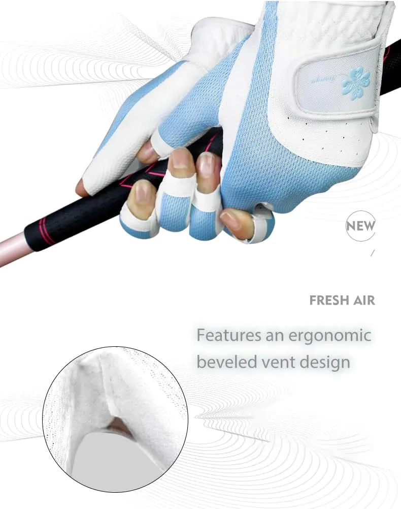 Ladies Golf Gloves with Open Finger for Women - PU Fiber Material, Breathable Design, Elastic Mesh, Touchscreen & Slip-Resistant Palm, Magic Adjustable Strap, Perfect for Golfing （TYS-026）