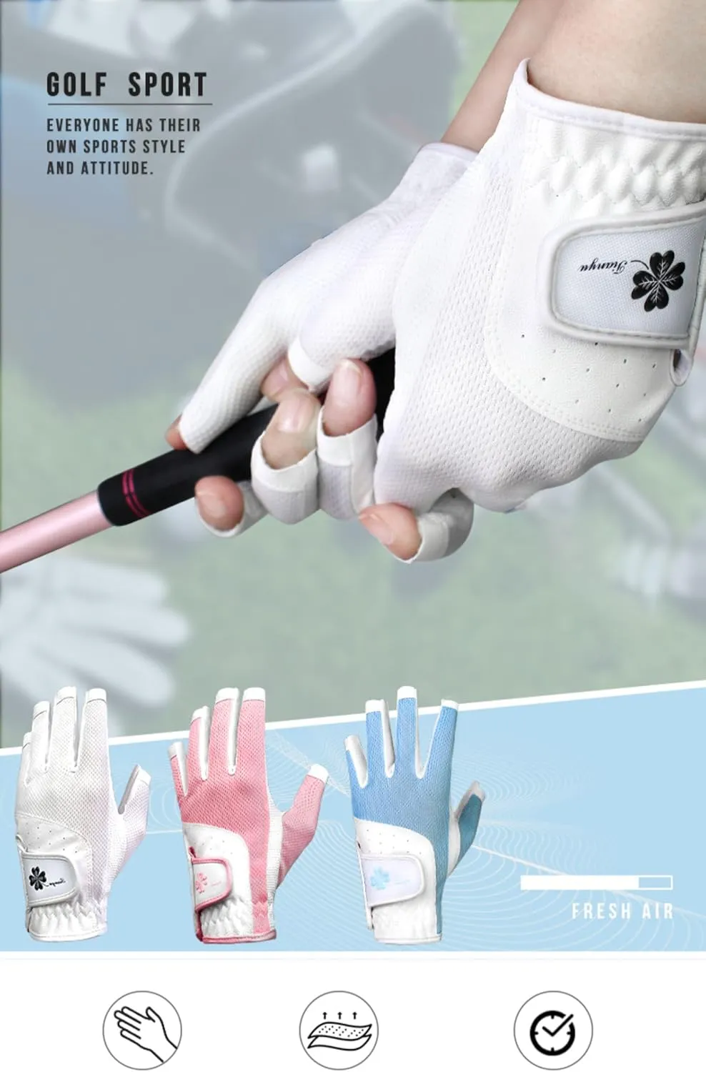 Ladies Golf Gloves with Open Finger for Women - PU Fiber Material, Breathable Design, Elastic Mesh, Touchscreen & Slip-Resistant Palm, Magic Adjustable Strap, Perfect for Golfing （TYS-026）