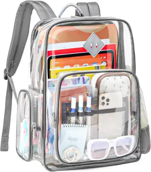Large Clear Backpack for Men, Heavy Duty PVC Transparent Bookbag for Women Stadium Approved See Through Back Pack Fits 16 inch Laptop for School Work Travel, Gray