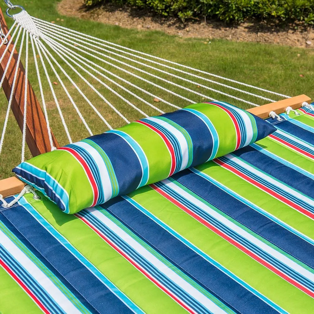 Lazy Daze 12 FT Quilted Fabric Double Hammock with Spreader Bars and Detachable Pillow, 2 Person Hammock for Outdoor Patio Backyard Poolside, 450 LBS Weight Capacity, Green/Blue Stripe