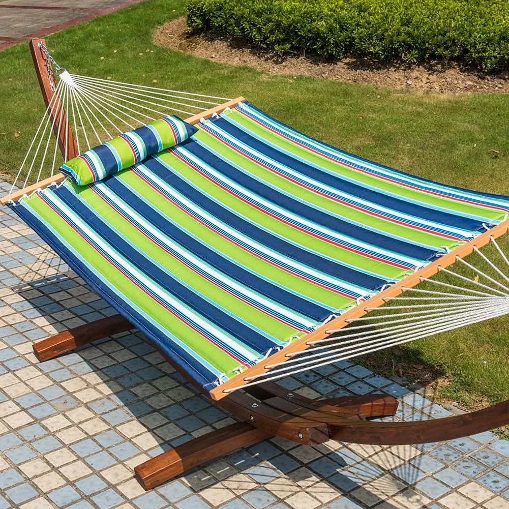 Lazy Daze 12 FT Quilted Fabric Double Hammock with Spreader Bars and Detachable Pillow, 2 Person Hammock for Outdoor Patio Backyard Poolside, 450 LBS Weight Capacity, Green/Blue Stripe