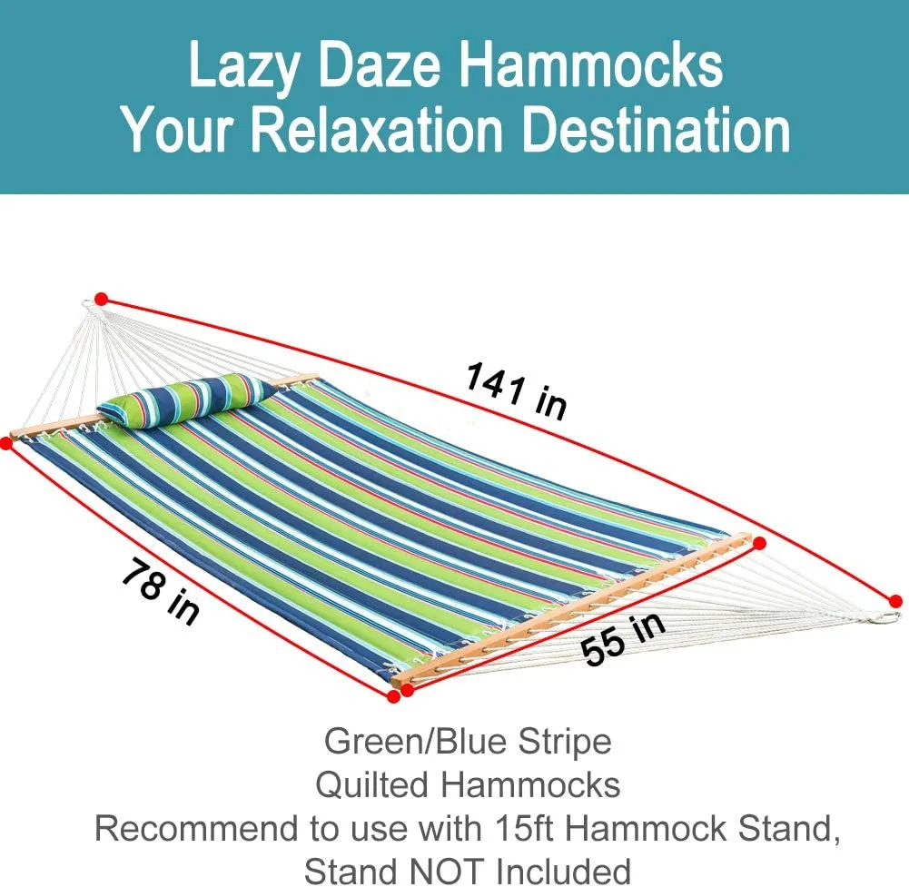 Lazy Daze 12 FT Quilted Fabric Double Hammock with Spreader Bars and Detachable Pillow, 2 Person Hammock for Outdoor Patio Backyard Poolside, 450 LBS Weight Capacity, Green/Blue Stripe