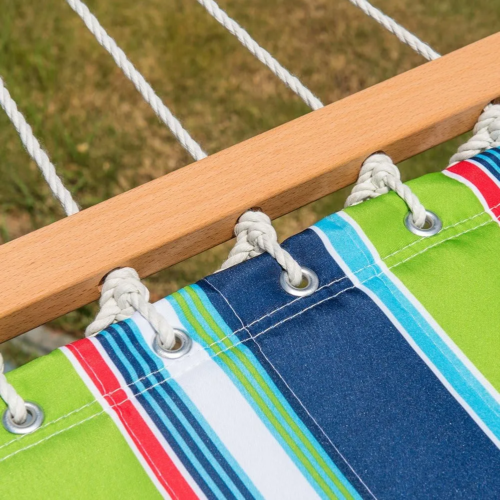 Lazy Daze 12 FT Quilted Fabric Double Hammock with Spreader Bars and Detachable Pillow, 2 Person Hammock for Outdoor Patio Backyard Poolside, 450 LBS Weight Capacity, Green/Blue Stripe