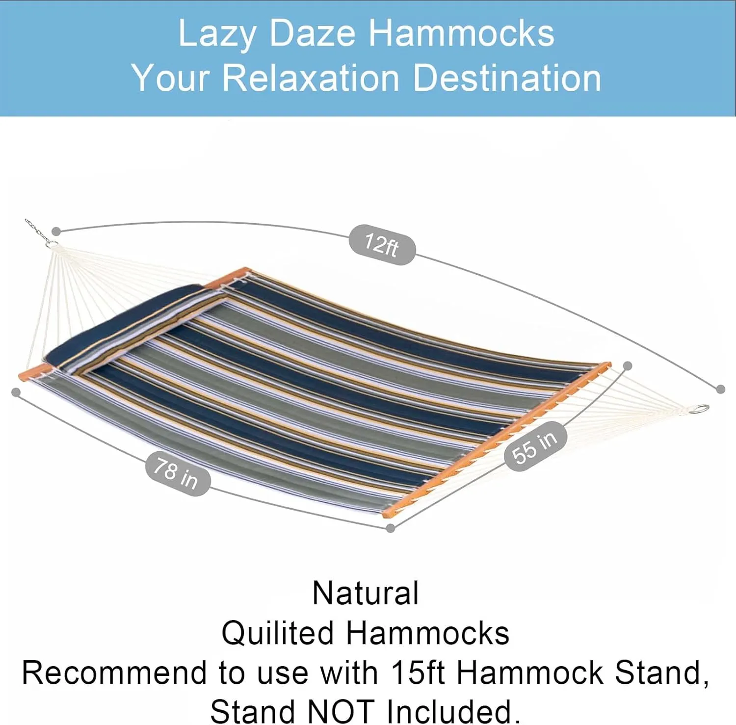 Lazy Daze 12 FT Quilted Fabric Hammock with Spreader Bar, 2-Person Double Hammock for Outside Patio Poolside Backyard Beach, 450 lbs Capacity, Forest