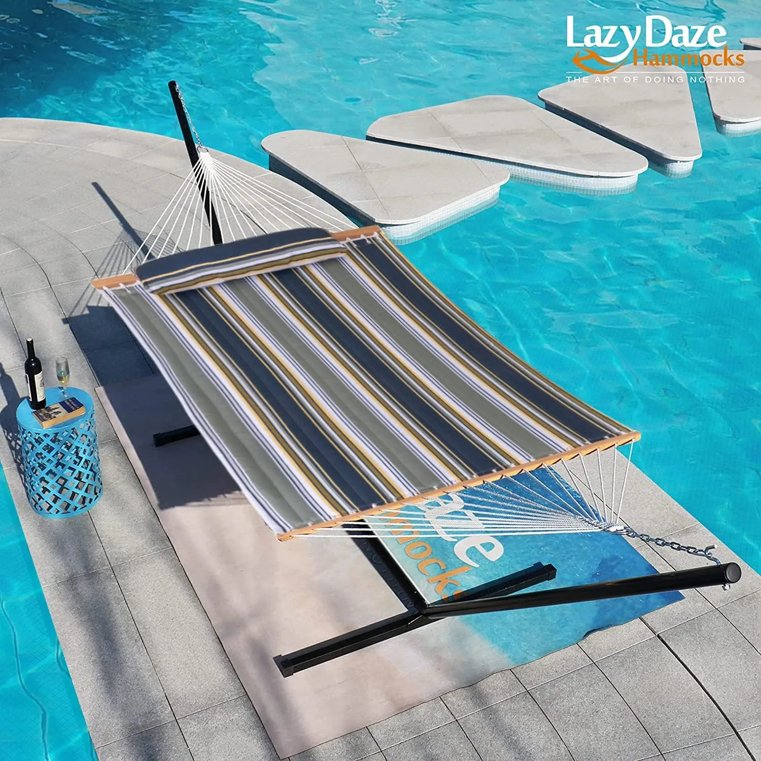Lazy Daze 12 FT Quilted Fabric Hammock with Spreader Bar, 2-Person Double Hammock for Outside Patio Poolside Backyard Beach, 450 lbs Capacity, Forest