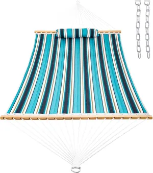 Lazy Daze 12 FT Sunbrella Quilted Double Hammock with Hardwood Spreader Bar, 450 lbs Capacity, Blue, Hammock, 2 Person, Patio, Outdoor, All Weather