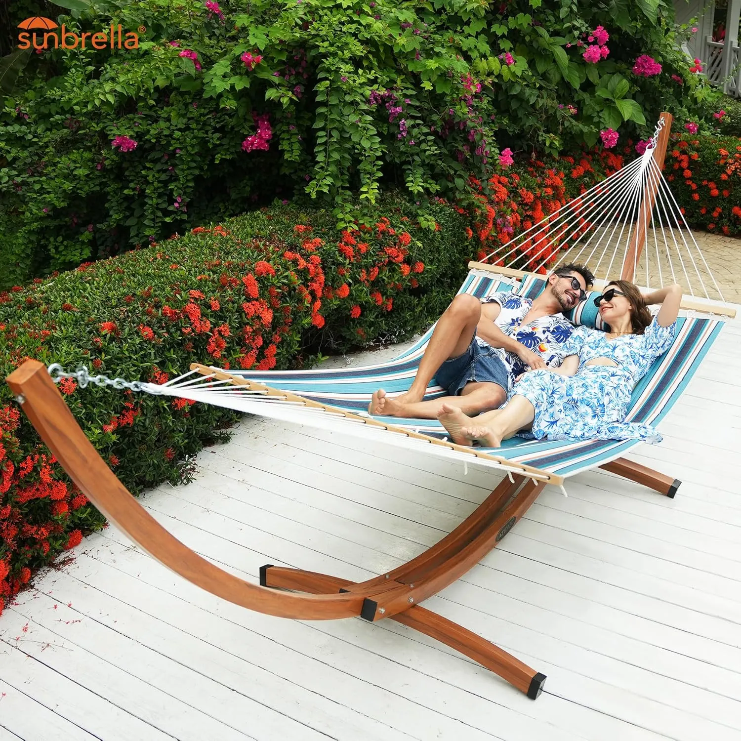 Lazy Daze 12 FT Sunbrella Quilted Double Hammock with Hardwood Spreader Bar, 450 lbs Capacity, Blue, Hammock, 2 Person, Patio, Outdoor, All Weather