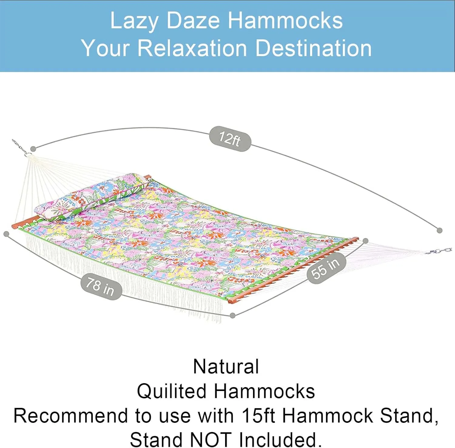 Lazy Daze Hammocks 12 FT Double Layered Quilted Fabric Hammock Swing with Pillow and Carrying Bag, Elegant Tassels and Spread Bar Heavy Duty Stylish for Two Person, Floral