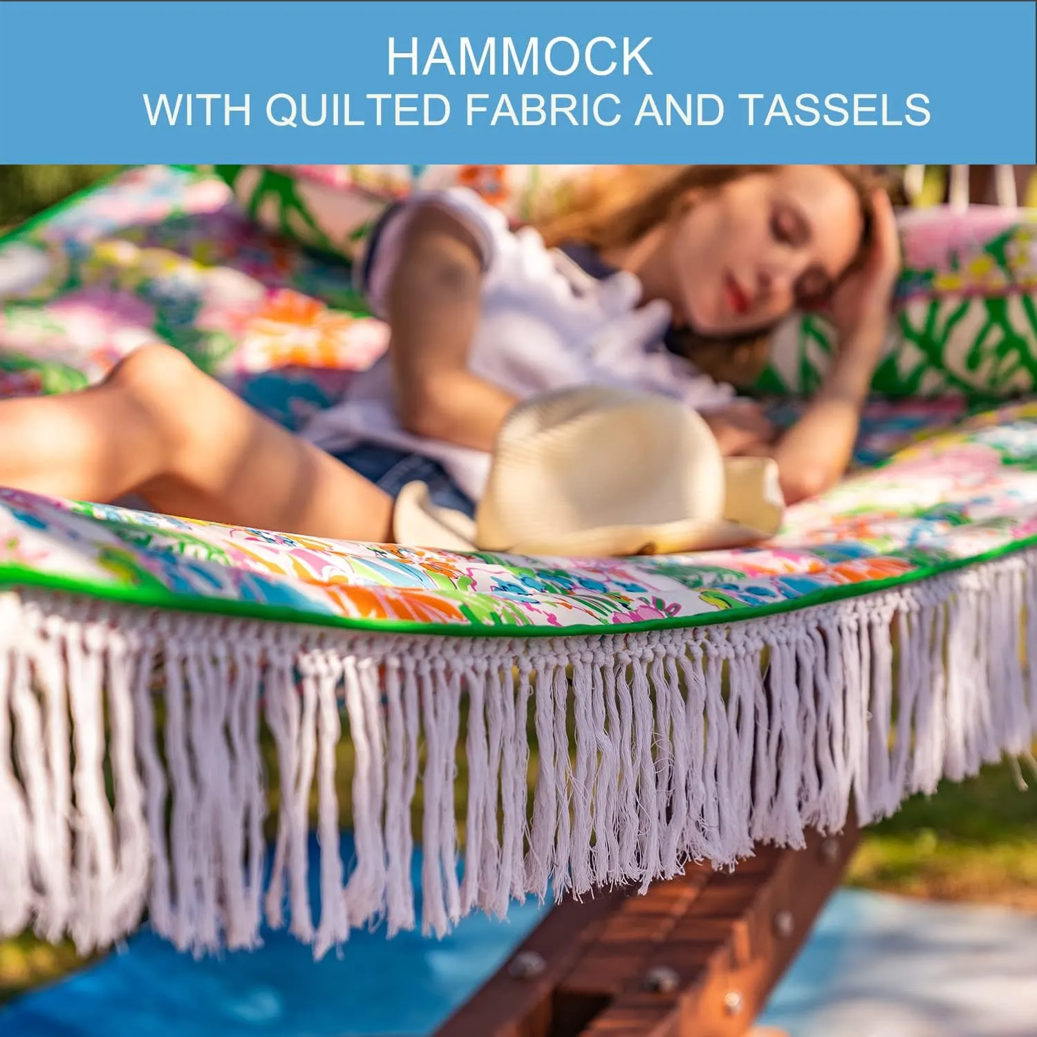 Lazy Daze Hammocks 12 FT Double Layered Quilted Fabric Hammock Swing with Pillow and Carrying Bag, Elegant Tassels and Spread Bar Heavy Duty Stylish for Two Person, Floral