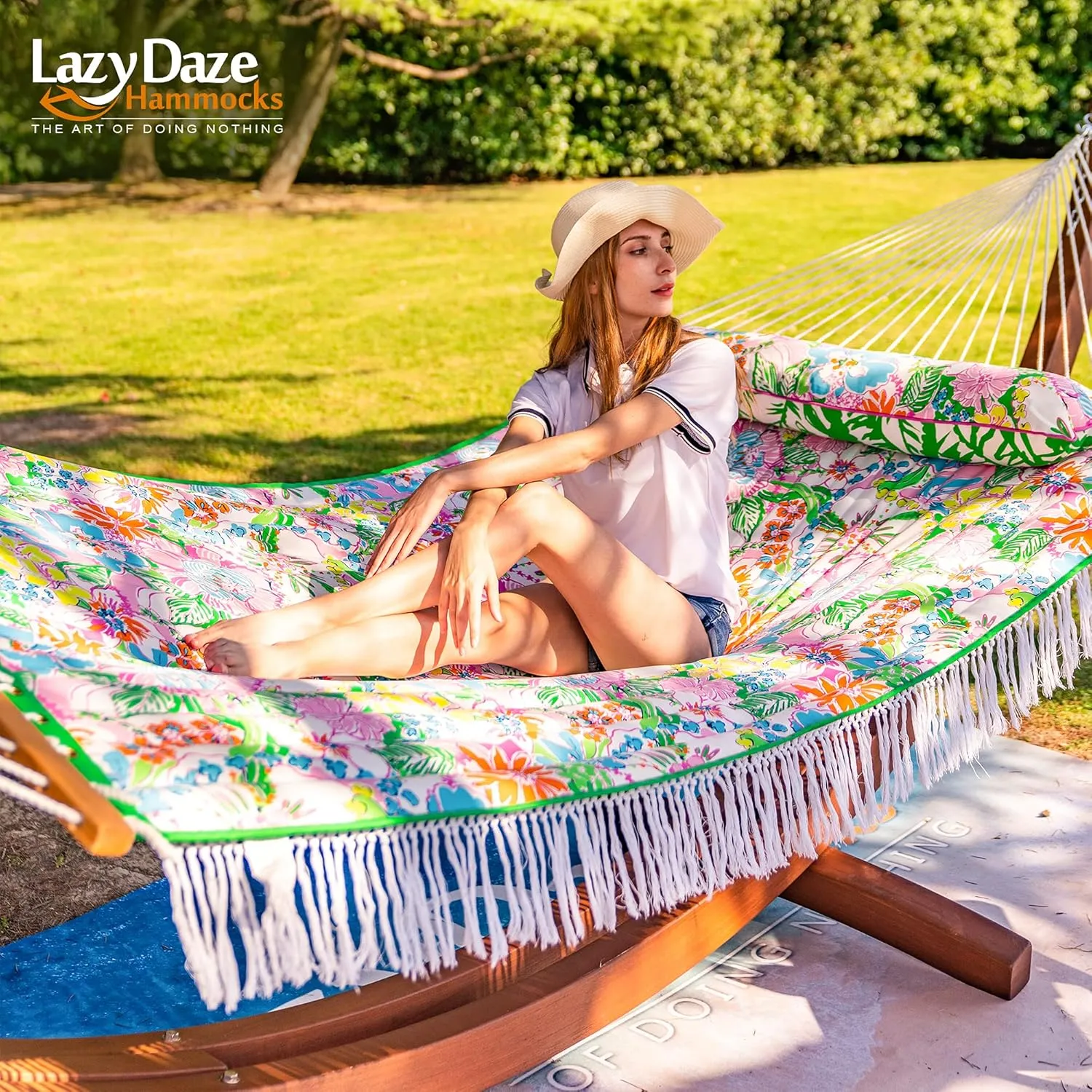 Lazy Daze Hammocks 12 FT Double Layered Quilted Fabric Hammock Swing with Pillow and Carrying Bag, Elegant Tassels and Spread Bar Heavy Duty Stylish for Two Person, Floral