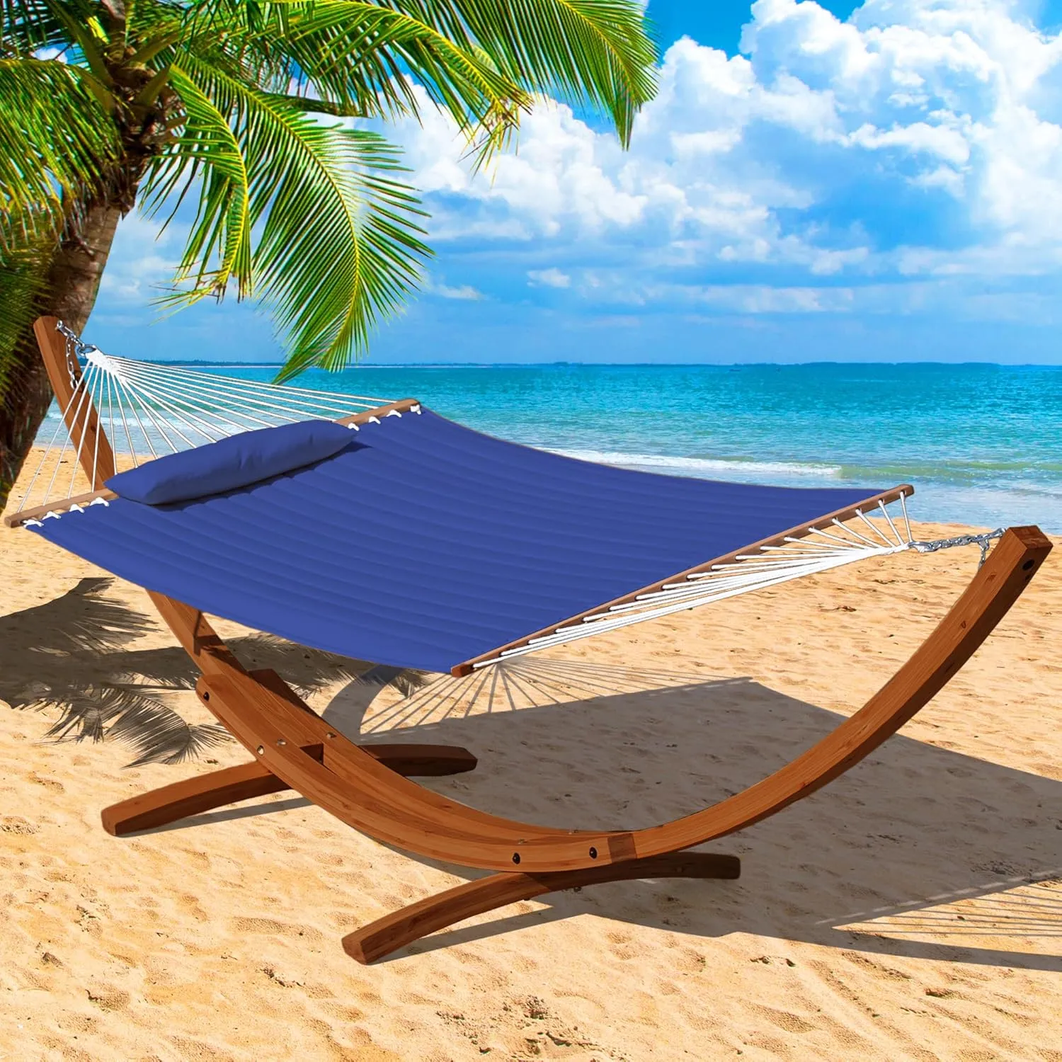 Lazy Daze Hammocks 12 FT Double Quilted Fabric Hammock and 13 FT Brown Wooden Arc Stand, with Spreader Bar, Removable Pillow, 2 Person Hammock for Outdoor Patio Poolside, 450 lb Capacity, Navy Blue