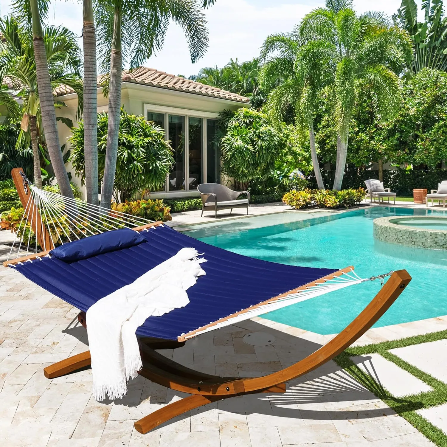 Lazy Daze Hammocks 12 FT Double Quilted Fabric Hammock and 13 FT Brown Wooden Arc Stand, with Spreader Bar, Removable Pillow, 2 Person Hammock for Outdoor Patio Poolside, 450 lb Capacity, Navy Blue