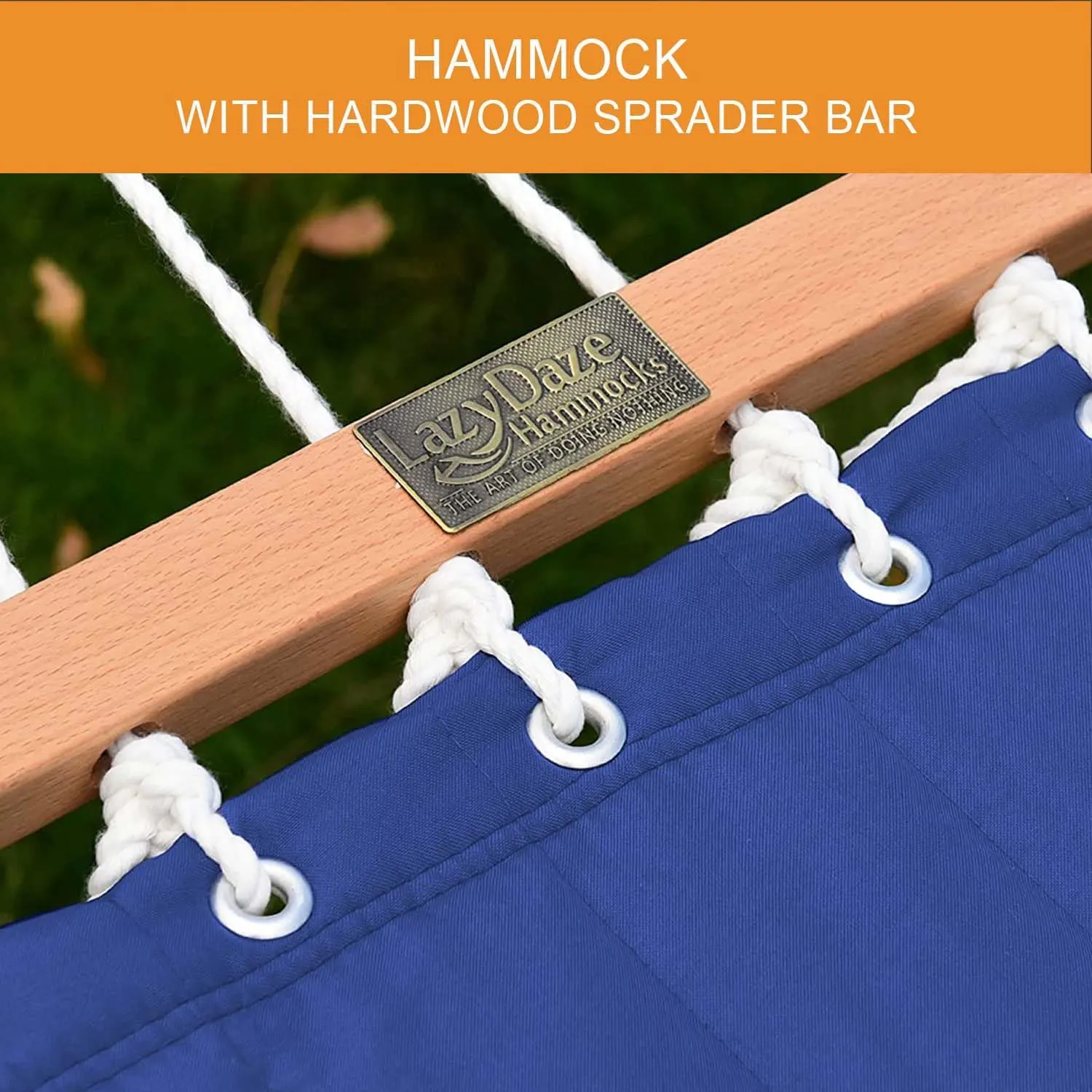 Lazy Daze Hammocks 12 FT Double Quilted Fabric Hammock and 13 FT Brown Wooden Arc Stand, with Spreader Bar, Removable Pillow, 2 Person Hammock for Outdoor Patio Poolside, 450 lb Capacity, Navy Blue