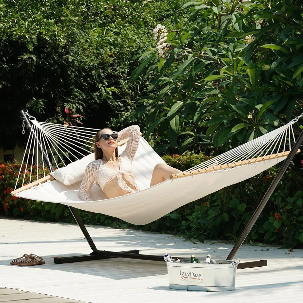 Lazy Daze Hammocks 12 FT Double Quilted Fabric Hammock with Spreader Bars and Detachable Pillow, 2 Person Hammock for Outdoor Patio Backyard Poolside, 450 LBS Weight Capacity, Natural