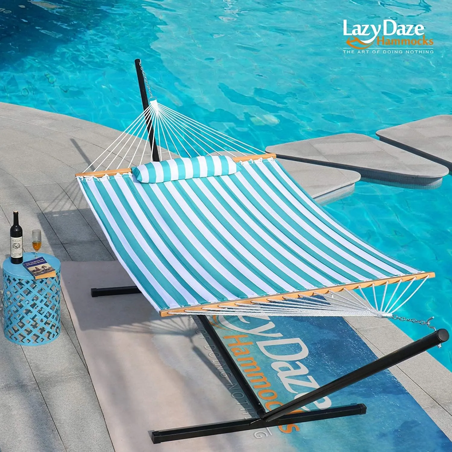 Lazy Daze Hammocks 12 FT Quilted Fabric Double Hammock with Spreader Bars and Detachable Pillow, 2 Person Hammock for Outdoor Patio Backyard Poolside, 450 LBS Weight Capacity, Sailor Stripe