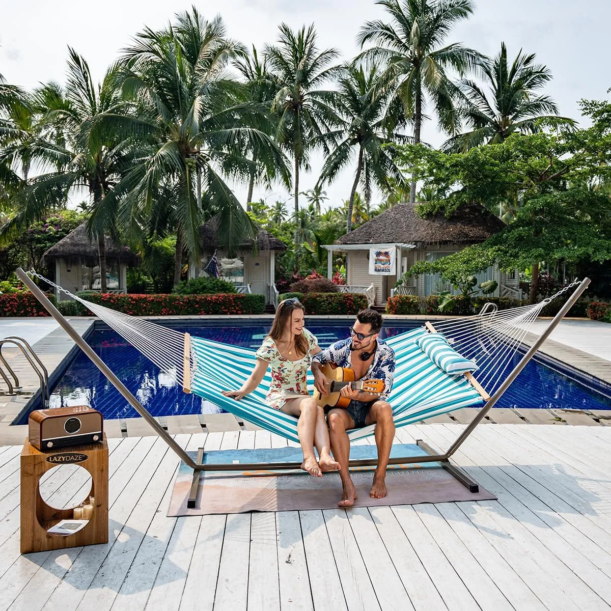 Lazy Daze Hammocks 12 FT Quilted Fabric Double Hammock with Spreader Bars and Detachable Pillow, 2 Person Hammock for Outdoor Patio Backyard Poolside, 450 LBS Weight Capacity, Sailor Stripe