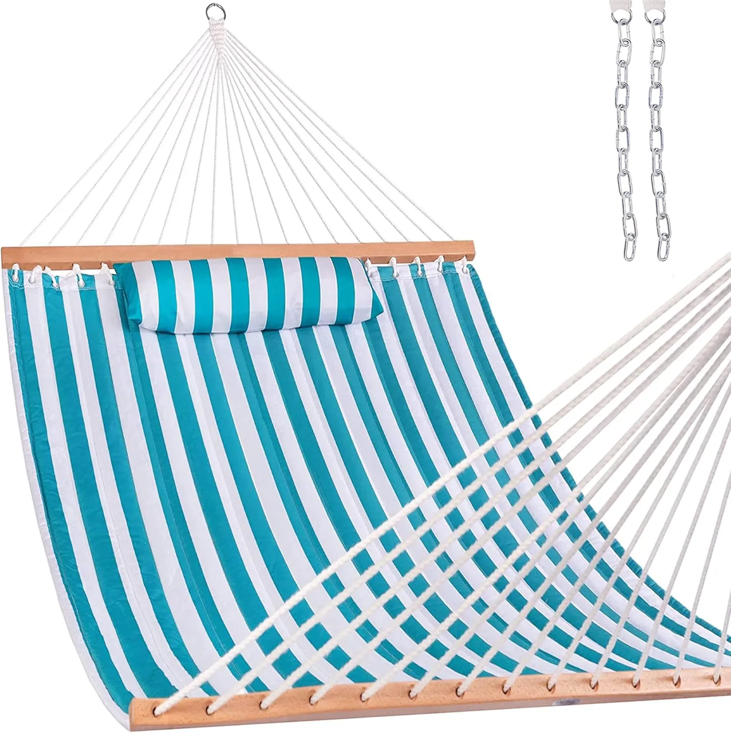Lazy Daze Hammocks 12 FT Quilted Fabric Double Hammock with Spreader Bars and Detachable Pillow, 2 Person Hammock for Outdoor Patio Backyard Poolside, 450 LBS Weight Capacity, Sailor Stripe