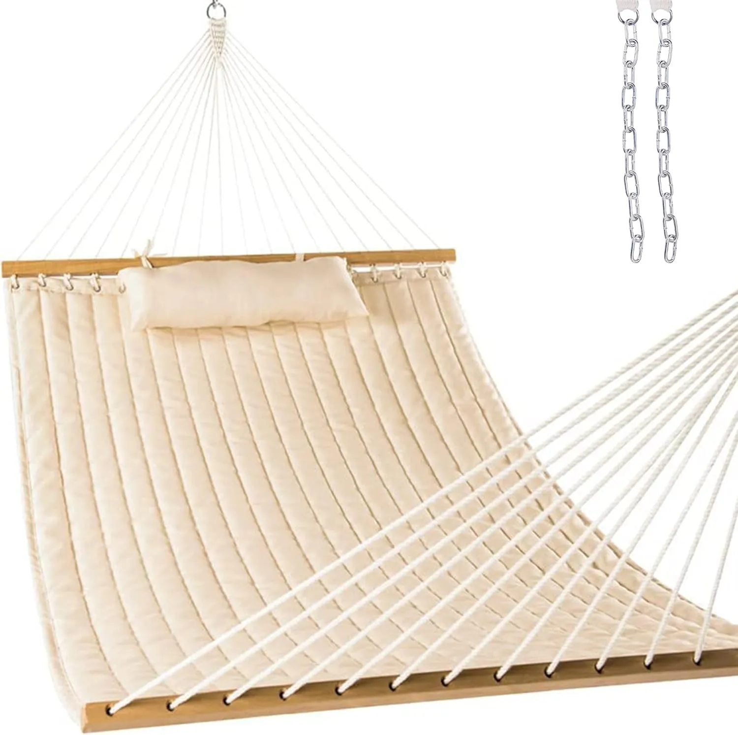 Lazy Daze Hammocks 12FT Quilted Fabric Double Hammock with Pillow, 2 Person Hammock with Spreader Bar for Outdoor Outside Patio Garden Yard Pool Beach (Linen)