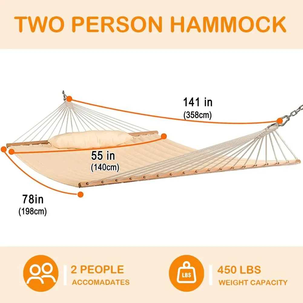 Lazy Daze Hammocks 12FT Quilted Fabric Double Hammock with Pillow, 2 Person Hammock with Spreader Bar for Outdoor Outside Patio Garden Yard Pool Beach (Linen)