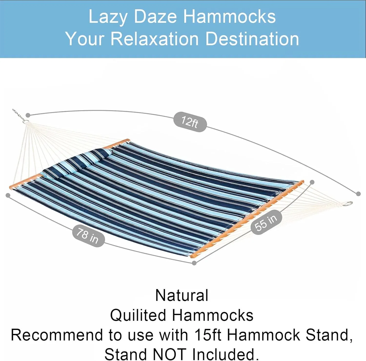 Lazy Daze Hammocks 12FT Quilted Fabric Hammock with Pillow, Double 2 Person Hammock with Spreader Bar for Outdoor Outside Patio Garden Yard Pool Beach QFH034