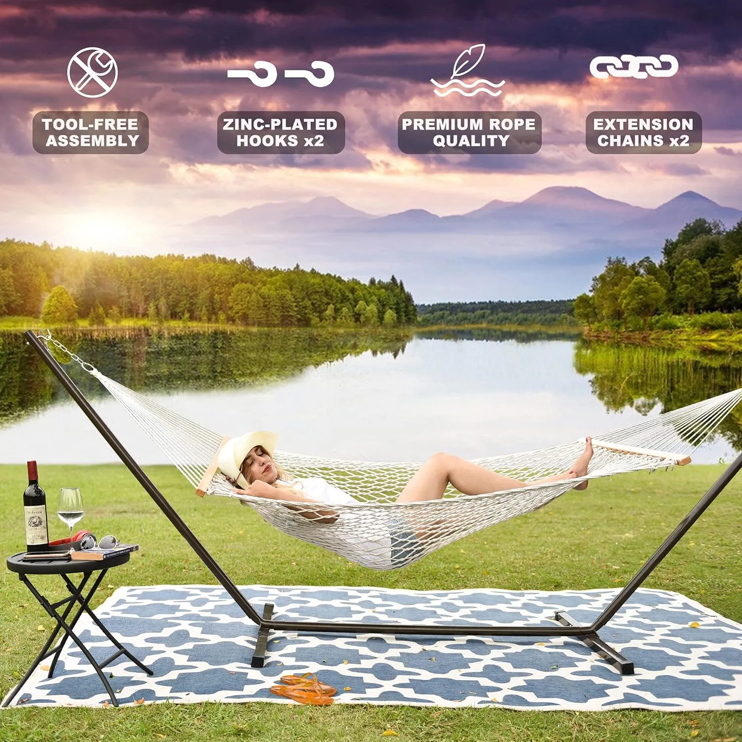 Lazy Daze Hammocks Double Hammock with 12 ft Steel Stand, 2 Person Cotton Rope Hammock with Quilted Pad, Spreader Bars, Detachable Pillow, Mag Bag & Cup Holder, Brown/White Stripe
