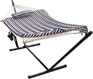 Lazy Daze Hammocks Double Hammock with 12 ft Steel Stand, 2 Person Cotton Rope Hammock with Quilted Pad, Spreader Bars, Detachable Pillow, Mag Bag & Cup Holder, Brown/White Stripe